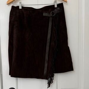 Real  Suede  Dark Brown  A-Line Wrap Skirt with Fringe